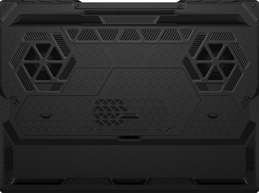 Schwarze Laptop-Unterseite mit Lüftungsgittern und hexagonalem Muster.