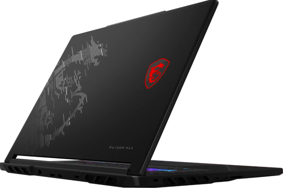 Schwarzer MSI Raider Max Laptop mit rotem Logo und silbernem Muster.