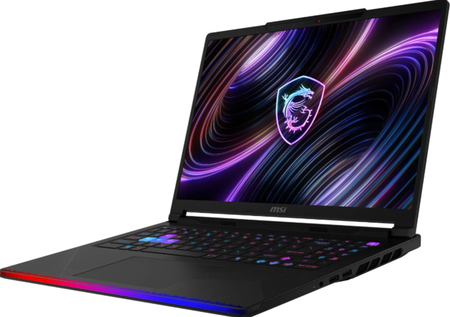Schwarzer MSI-Laptop mit beleuchteter Tastatur und Drachenlogo auf dem Bildschirm.