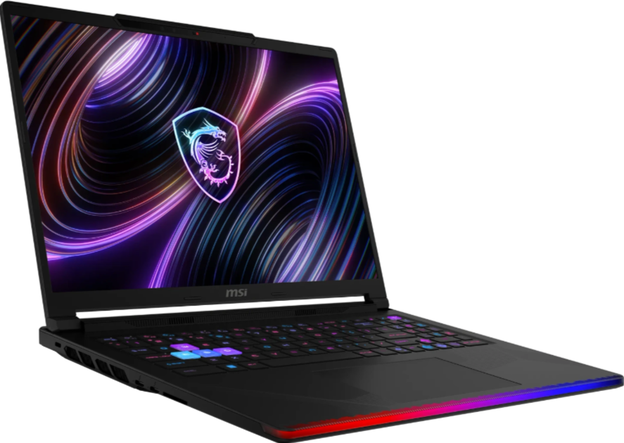Schwarzer MSI Gaming-Laptop mit beleuchteter Tastatur und Drachenlogo auf dem Bildschirm.