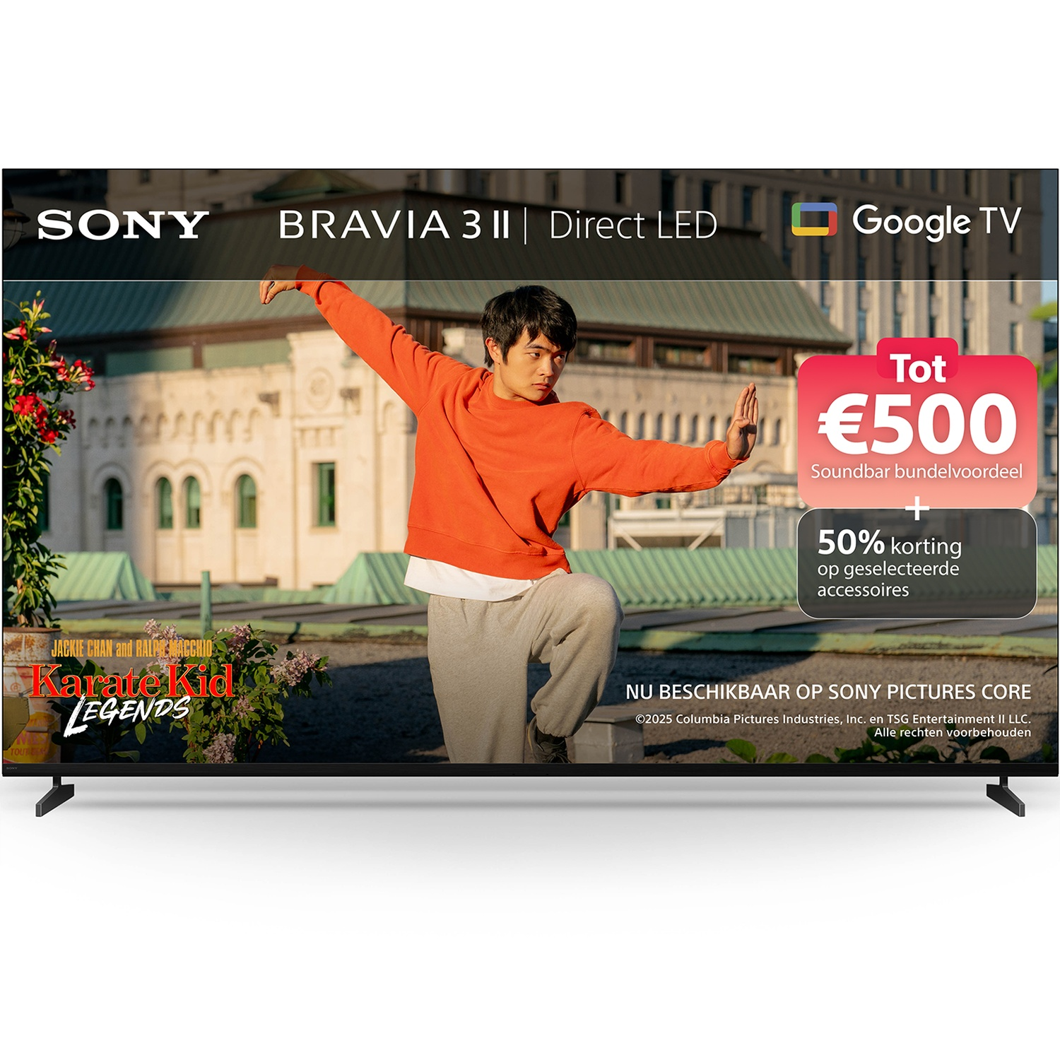 A man in an orange sweater practices karate in front of a building. Sony Bravia TV ad.