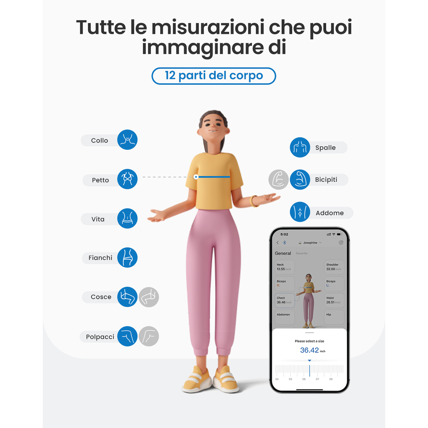 Una figura 3D con indicatori di misurazione del corpo e un'app con le misure.