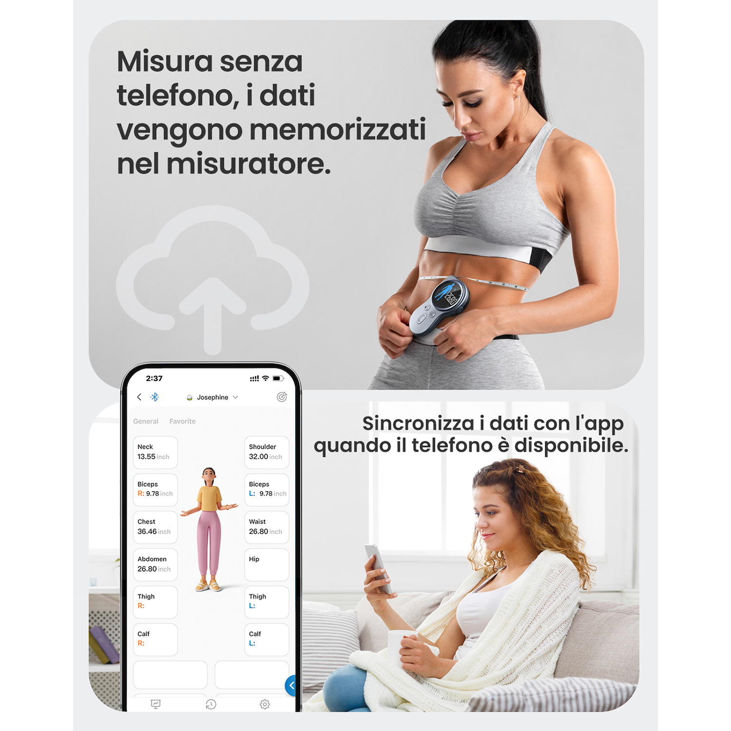 Donna misura vita con dispositivo. App mostra misure corporee. Donna su divano usa telefono.