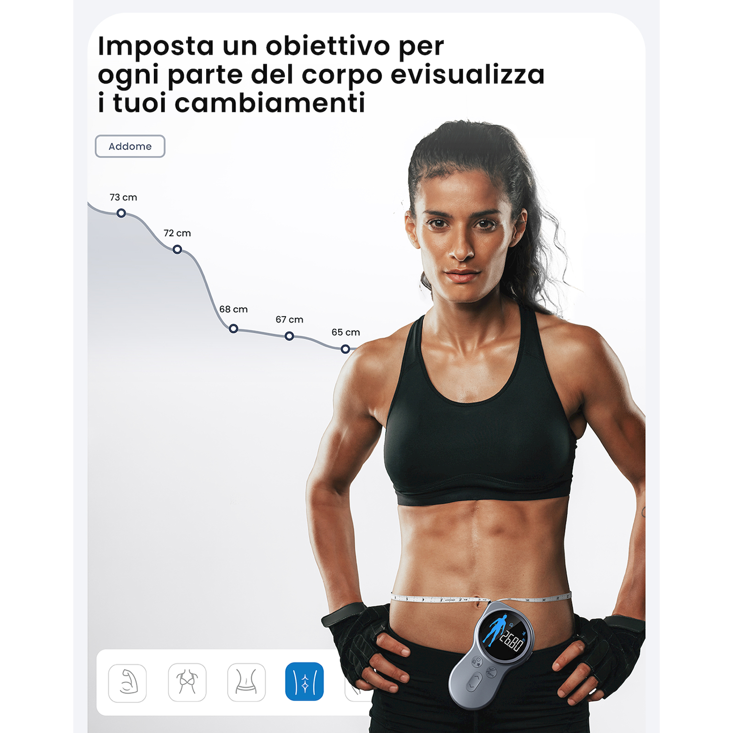 Una donna misura la sua vita con un metro a nastro digitale che mostra 26,80 cm.