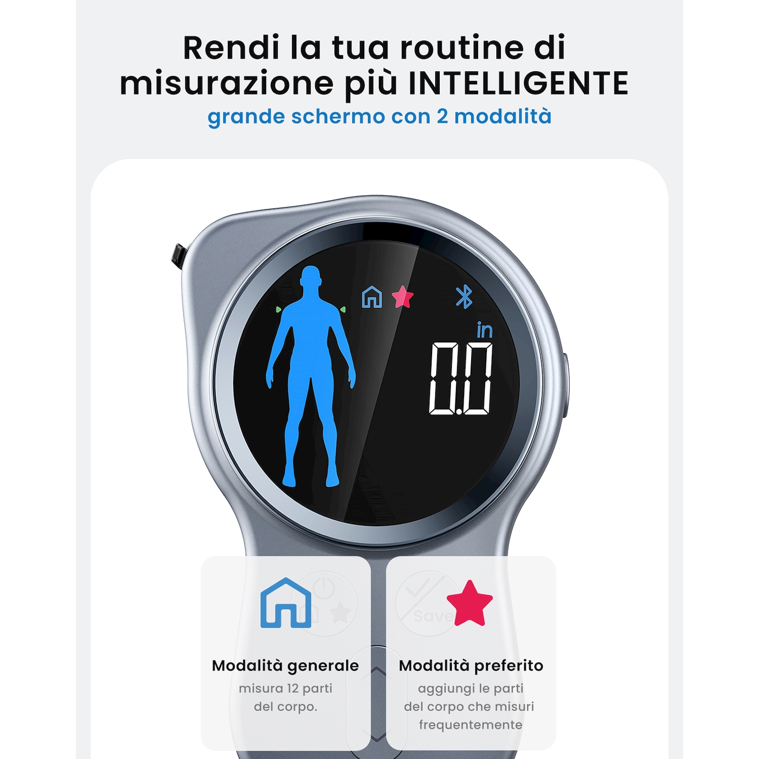 Bilancia grigia con icona uomo blu, numeri e due modalità.