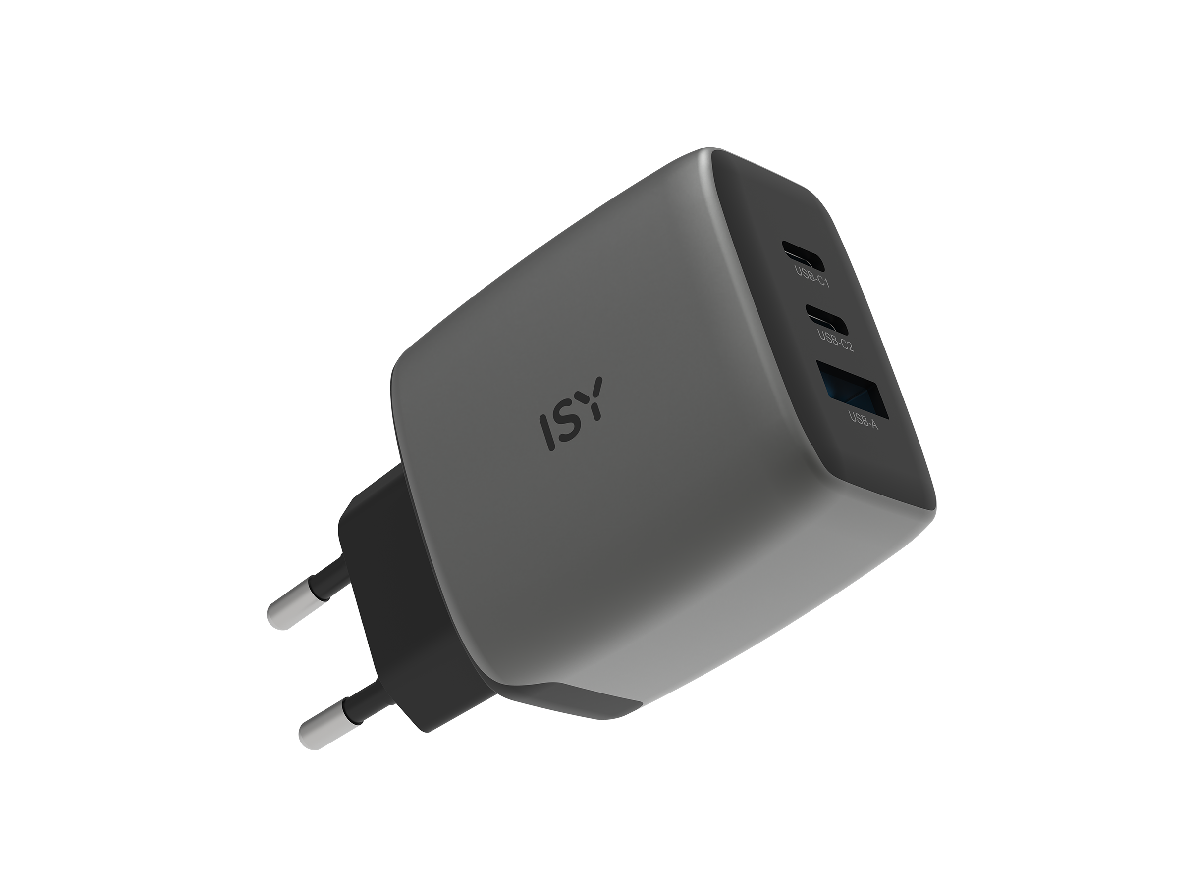 Cargador ISY gris con dos puertos USB-C y un puerto USB-A.