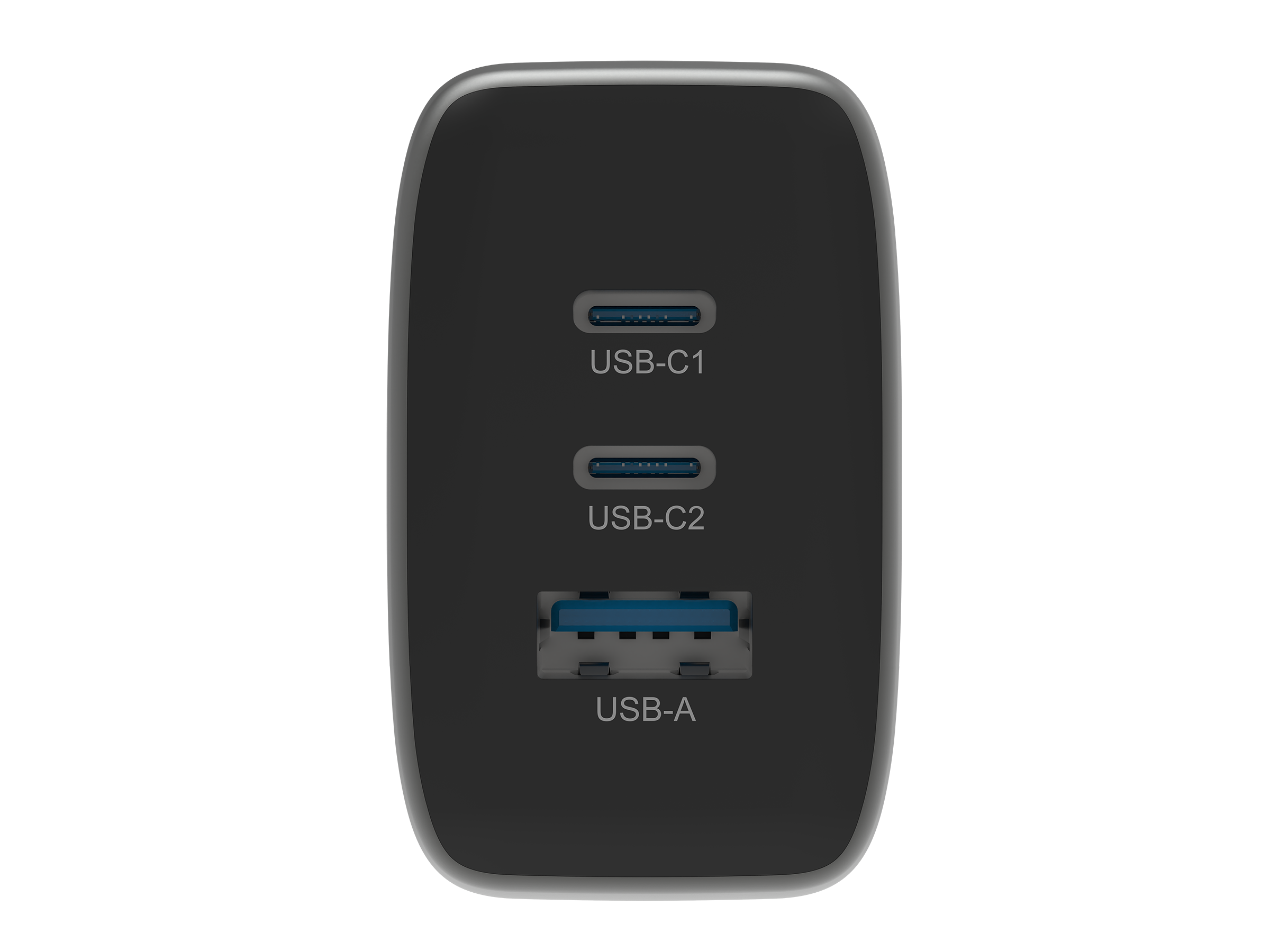 Un cargador negro con tres puertos: dos USB-C y un USB-A.