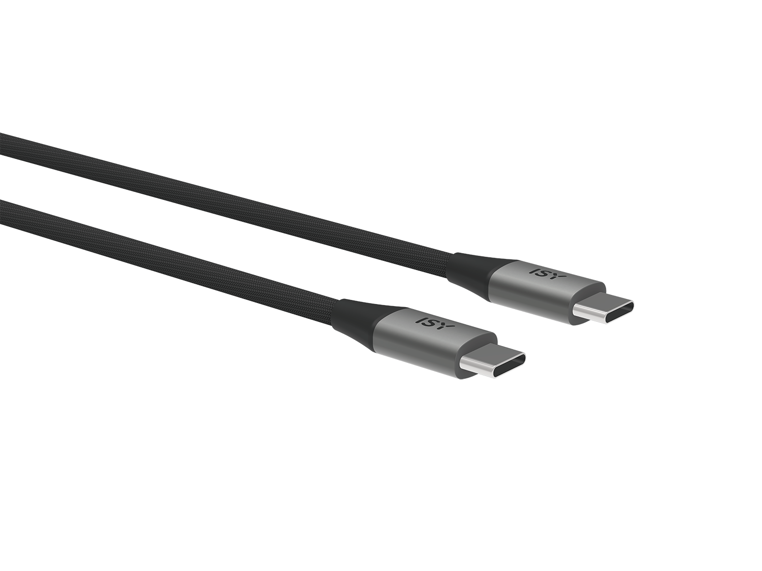 Dos cables USB-C negros con conectores plateados yacen uno al lado del otro.