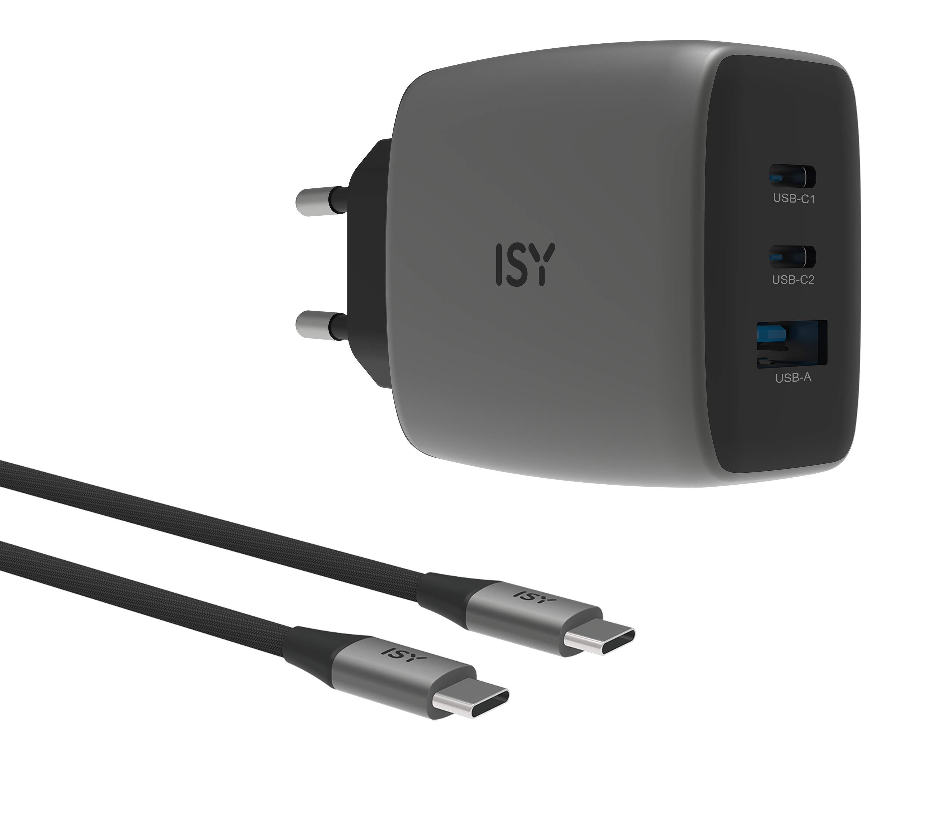 Cargador ISY gris con dos puertos USB-C y un puerto USB-A, junto a él dos cables USB-C.