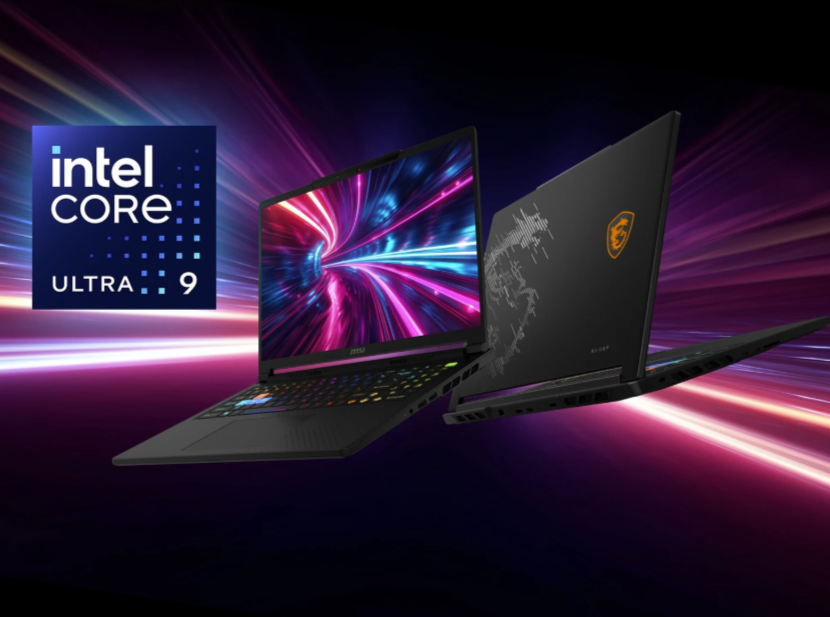 Ein schwarzer MSI-Laptop mit Intel Core Ultra 9 Logo und beleuchteter Tastatur.
