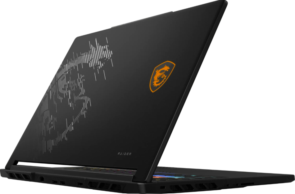 Schwarzer MSI Raider Laptop mit Drachenlogo und grafischem Muster.