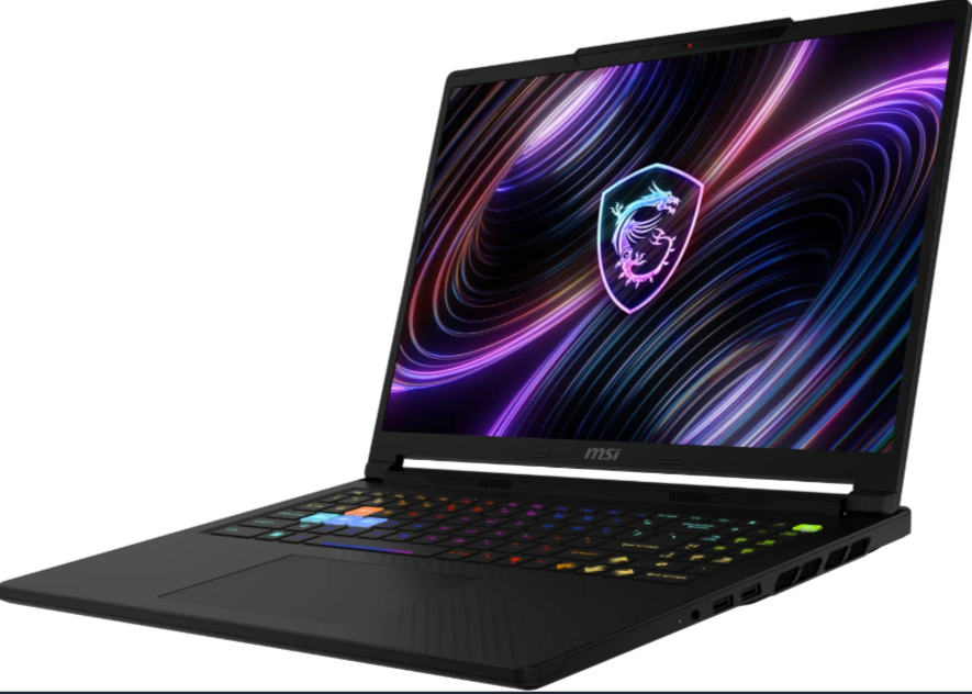 Schwarzer Laptop mit leuchtender Tastatur und Drachenlogo auf dem Bildschirm.