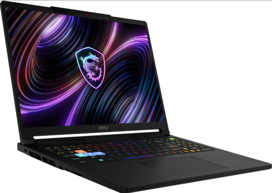 Ein schwarzer Laptop mit beleuchteter Tastatur und MSI-Logo auf dem Bildschirm.