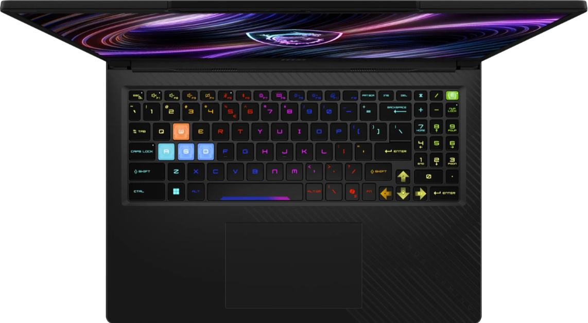 Ein geöffneter schwarzer Laptop mit beleuchteter Tastatur und buntem Bildschirmhintergrund.