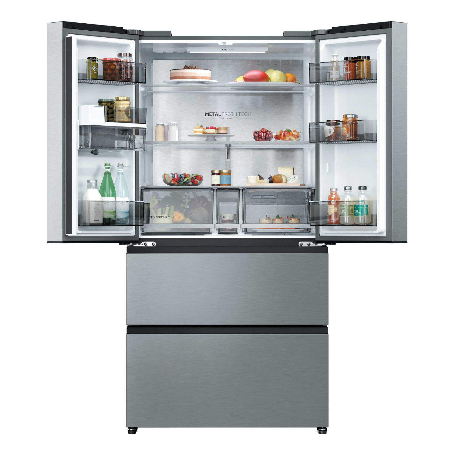 Un refrigerador abierto con comida en varios estantes y cajones.