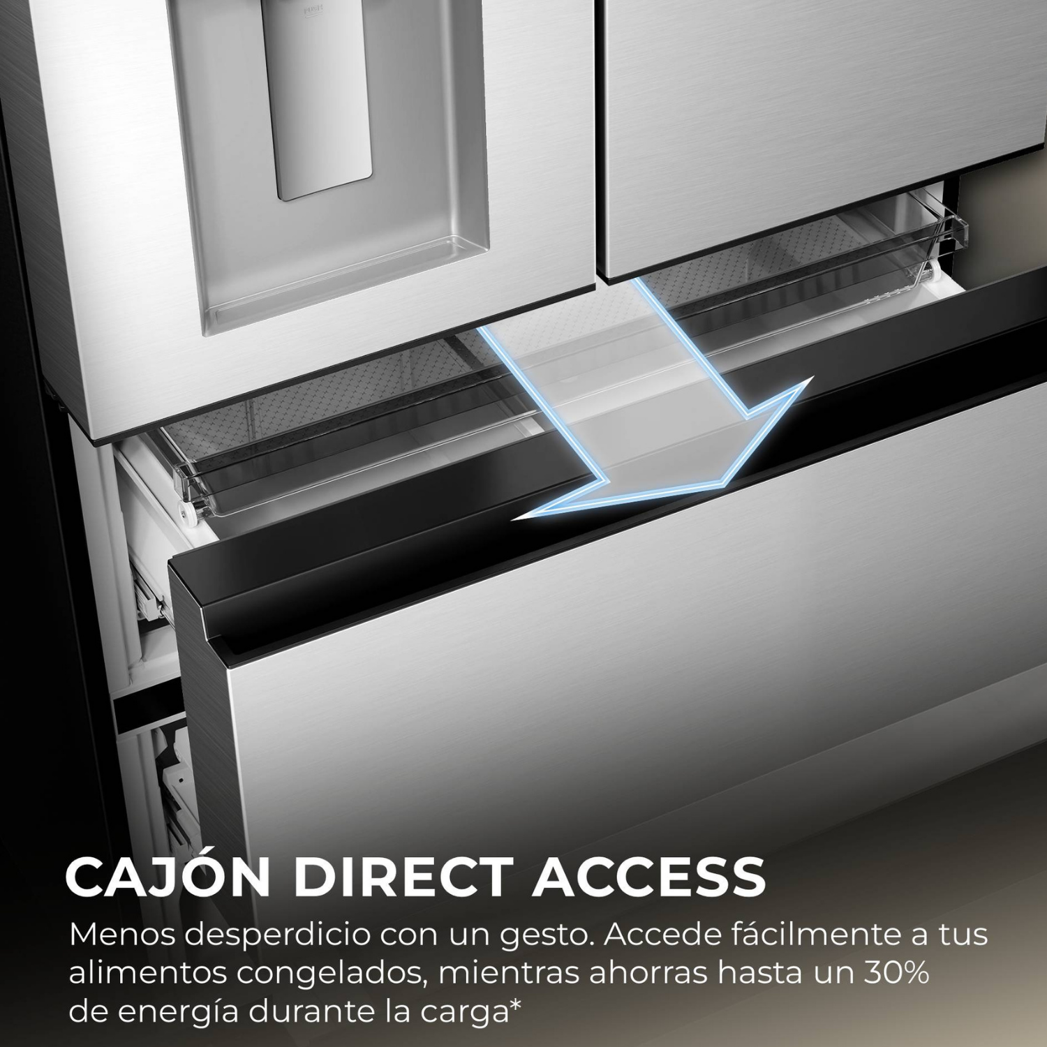 Un refrigerador de acero inoxidable con cajón de acceso directo y dispensador de agua.