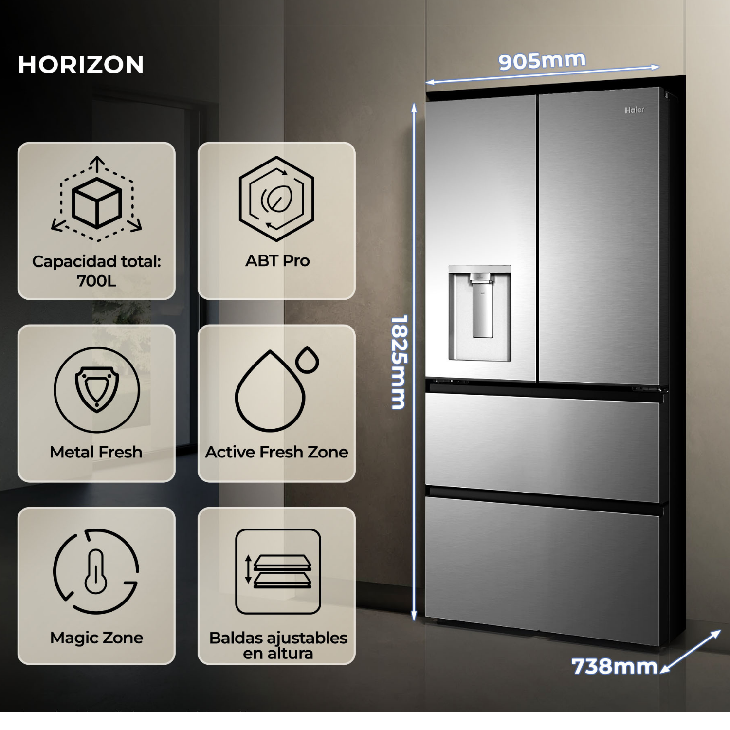 Refrigerador Horizon: 700L capacidad, ABT Pro, Metal Fresh, Active Fresh Zone, Magic Zone, baldas ajustables.