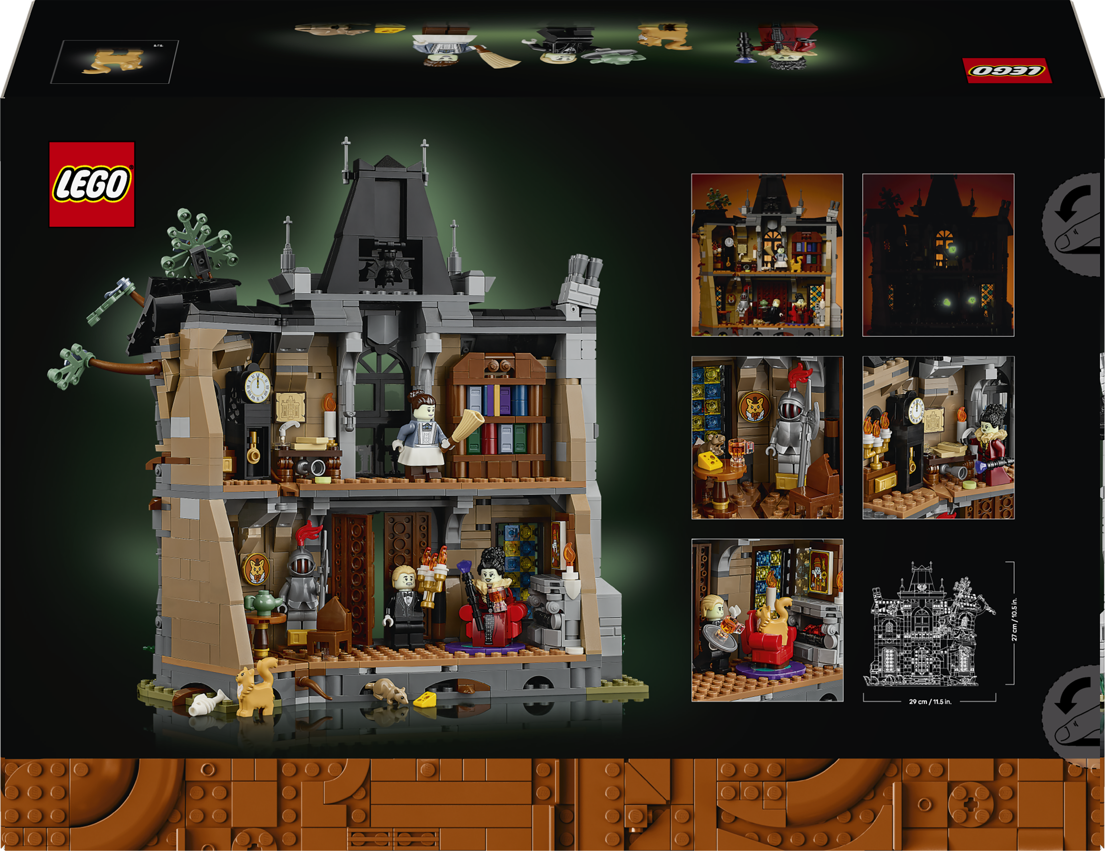 LEGO-Geisterhaus mit Figuren und Details, Maße angegeben.