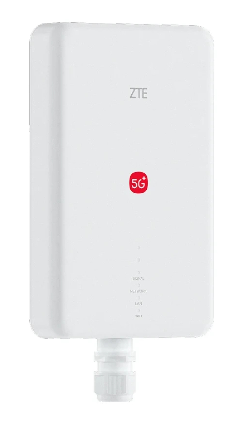 Bia''e urz'&dzenie ZTE 5G+ ze wska''nikami sygnału, sieci, LAN i WiFi.