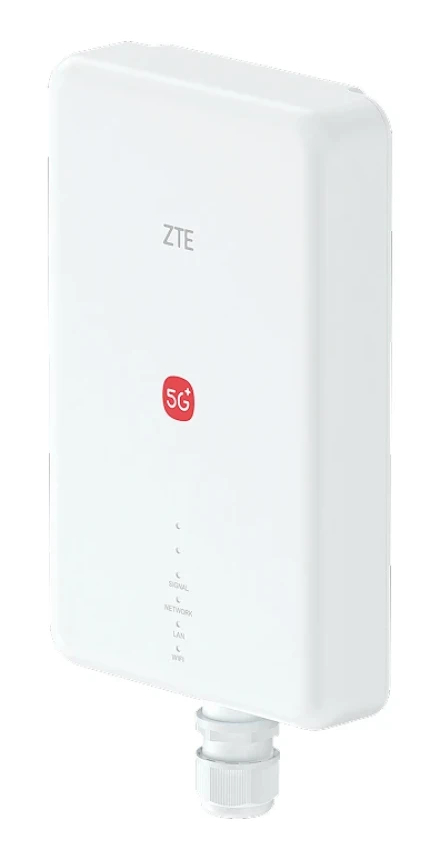 Białe urządzenie ZTE 5G ze wskaźnikami i złączem na dole.