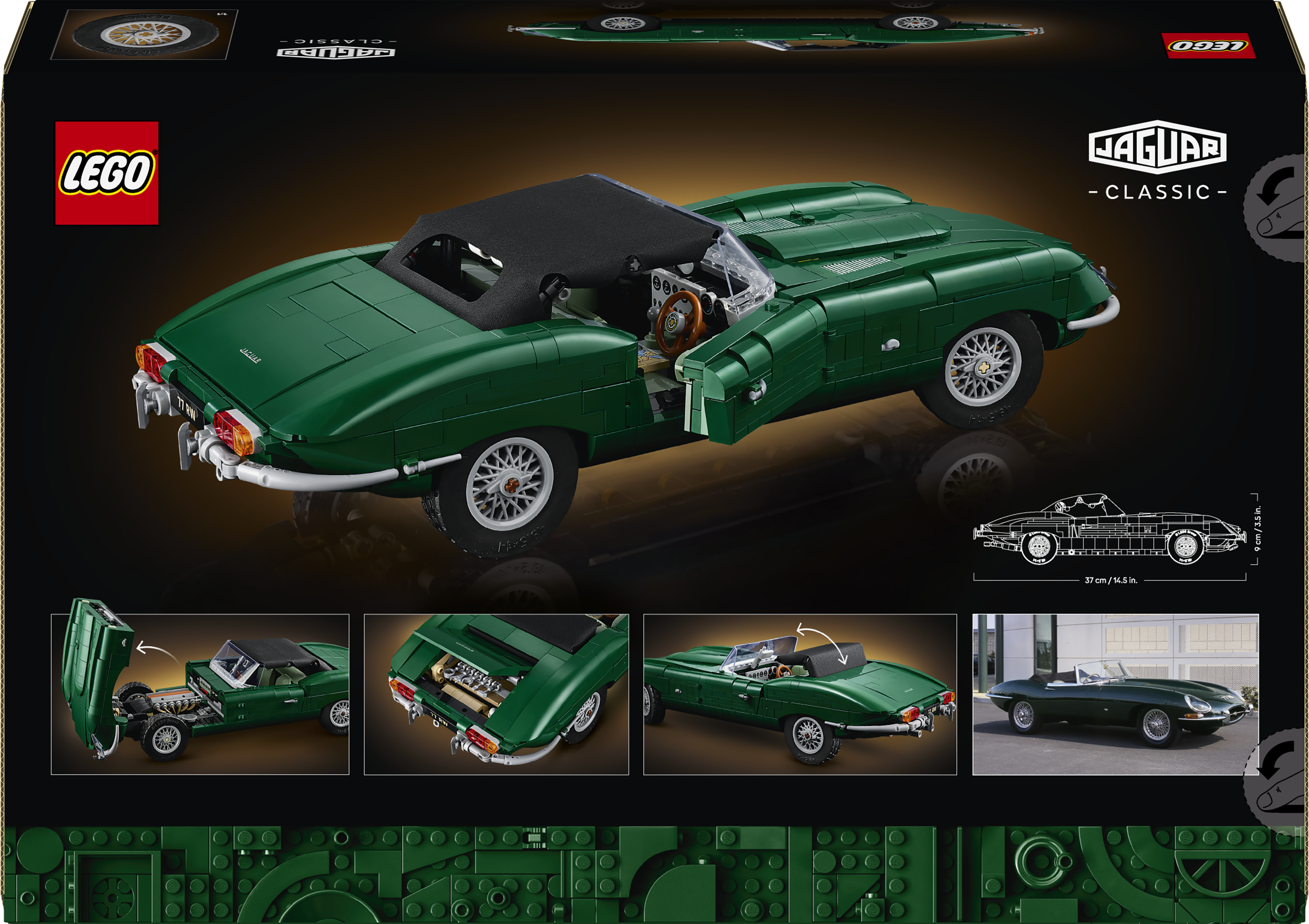 Ein grünes LEGO Jaguar E-Type Cabriolet mit geöffneter Motorhaube und offenem Verdeck.