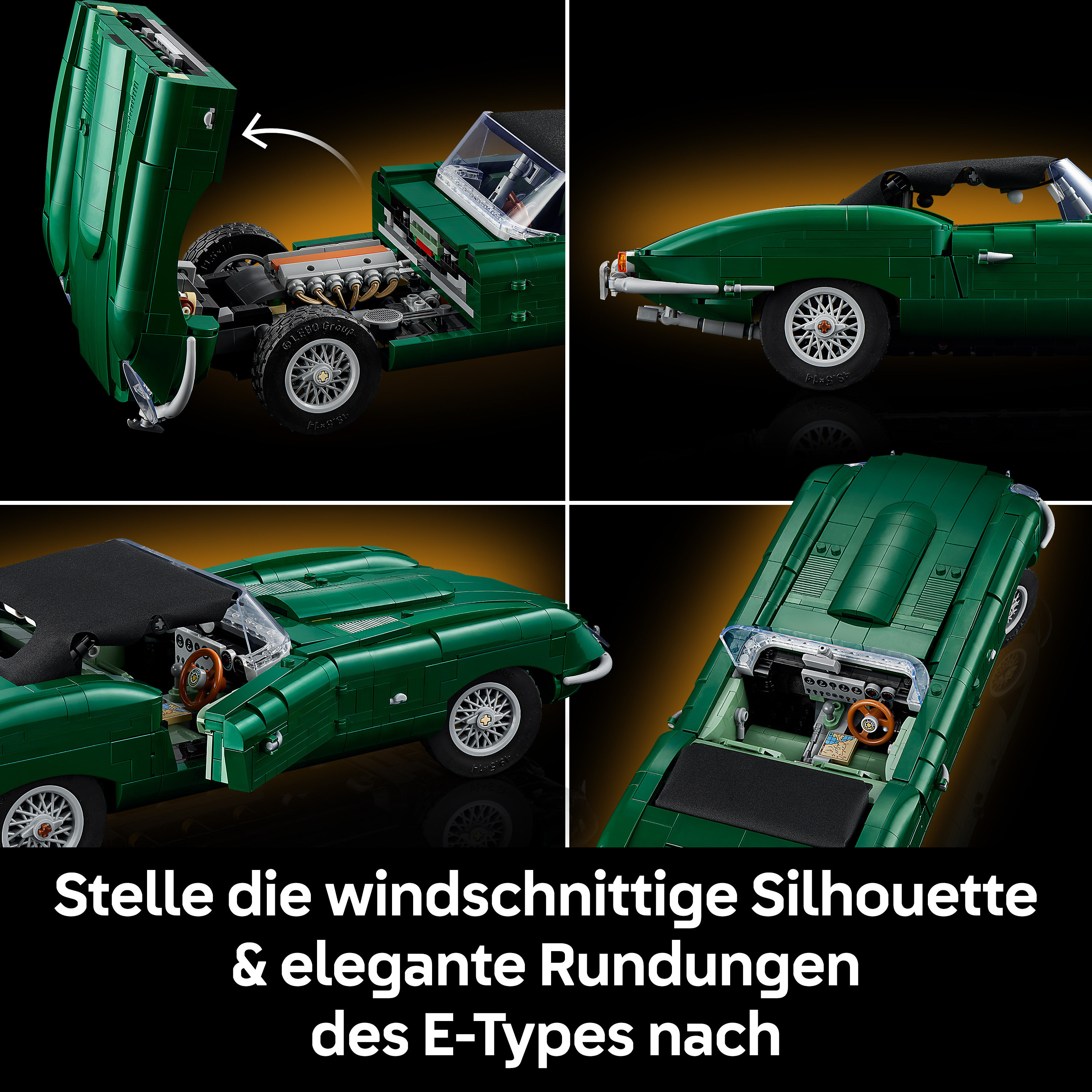 Grüner Lego-Oldtimer mit geöffneter Motorhaube und Innenraum.