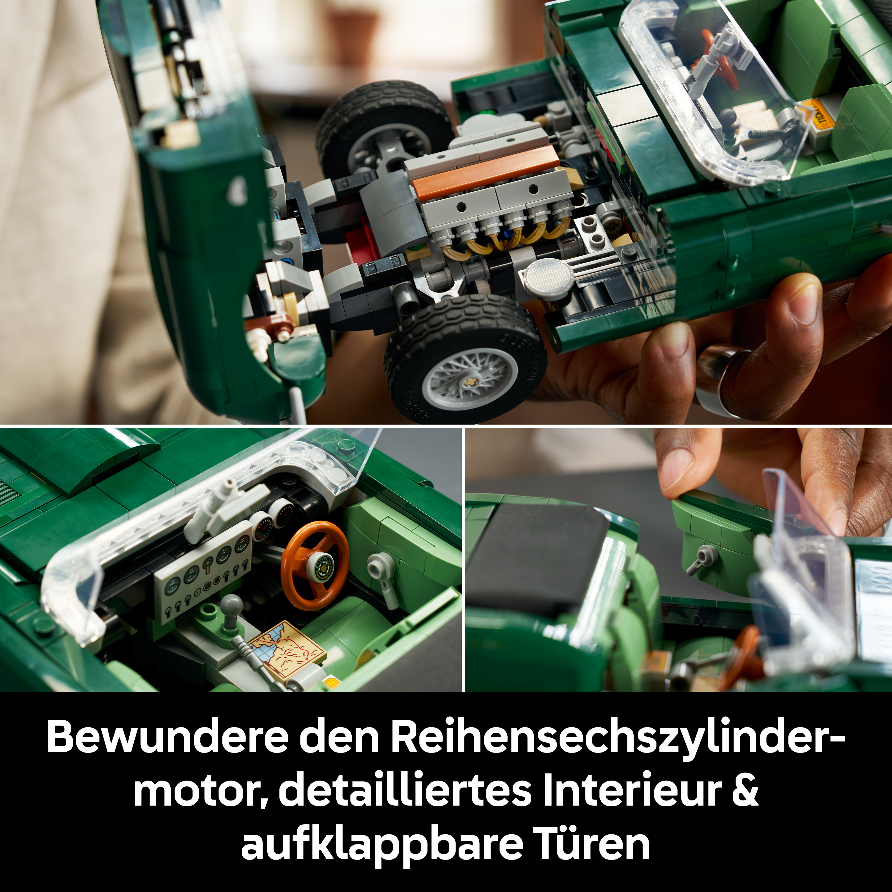 Grünes Lego-Auto mit detailliertem Motor und Innenraum.
