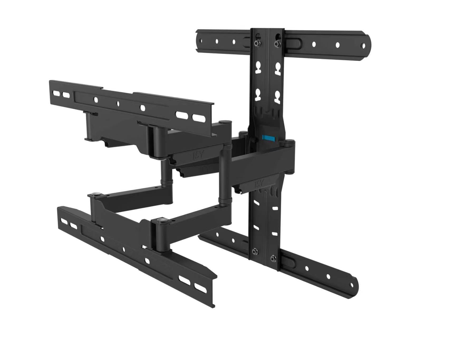 Schwarze, verstellbare TV-Wandhalterung mit ausziehbaren Armen und Gelenken.