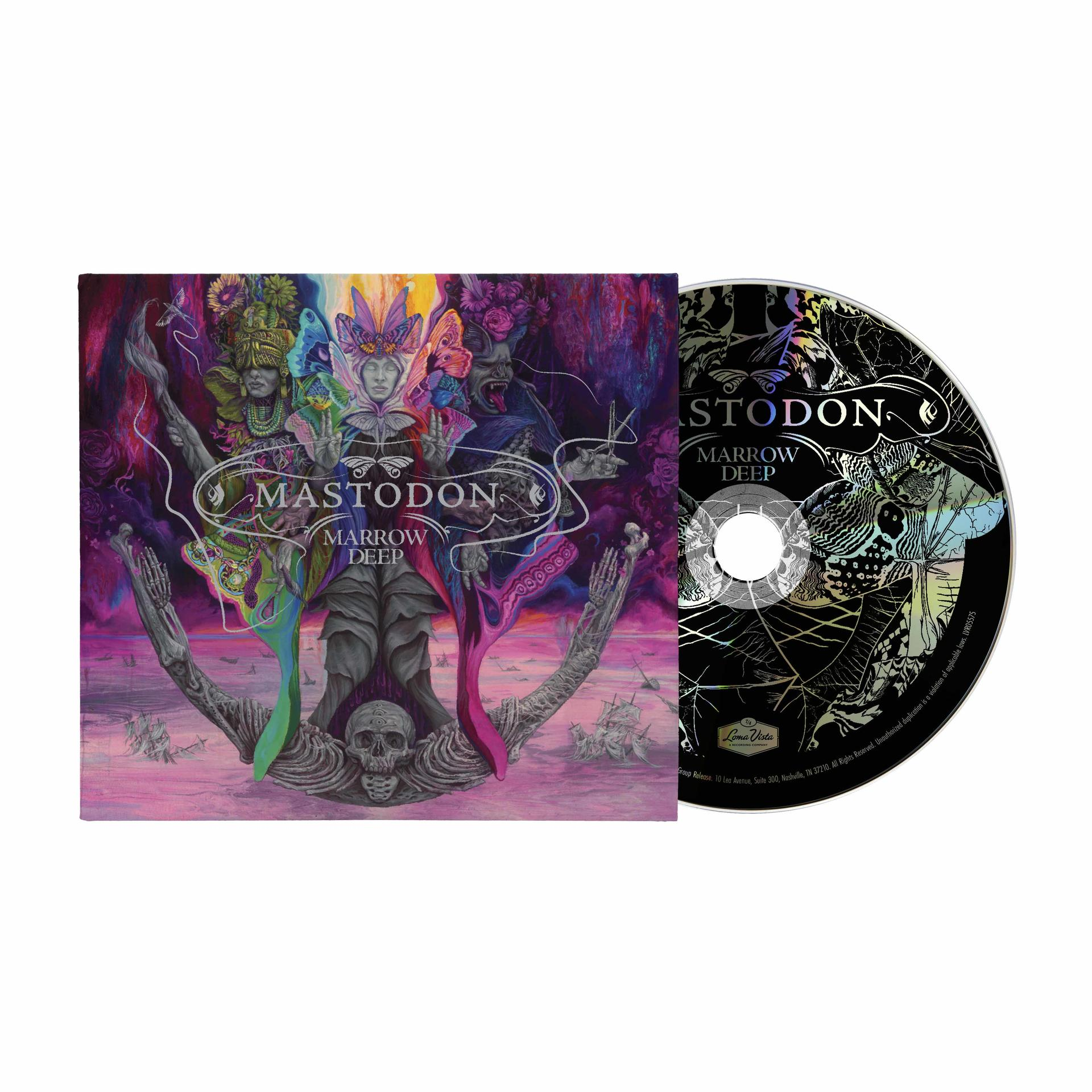 CD-Cover mit fantasievollen Figuren, Schmetterlingen und Schriftzug "Mastodon Marrow Deep".