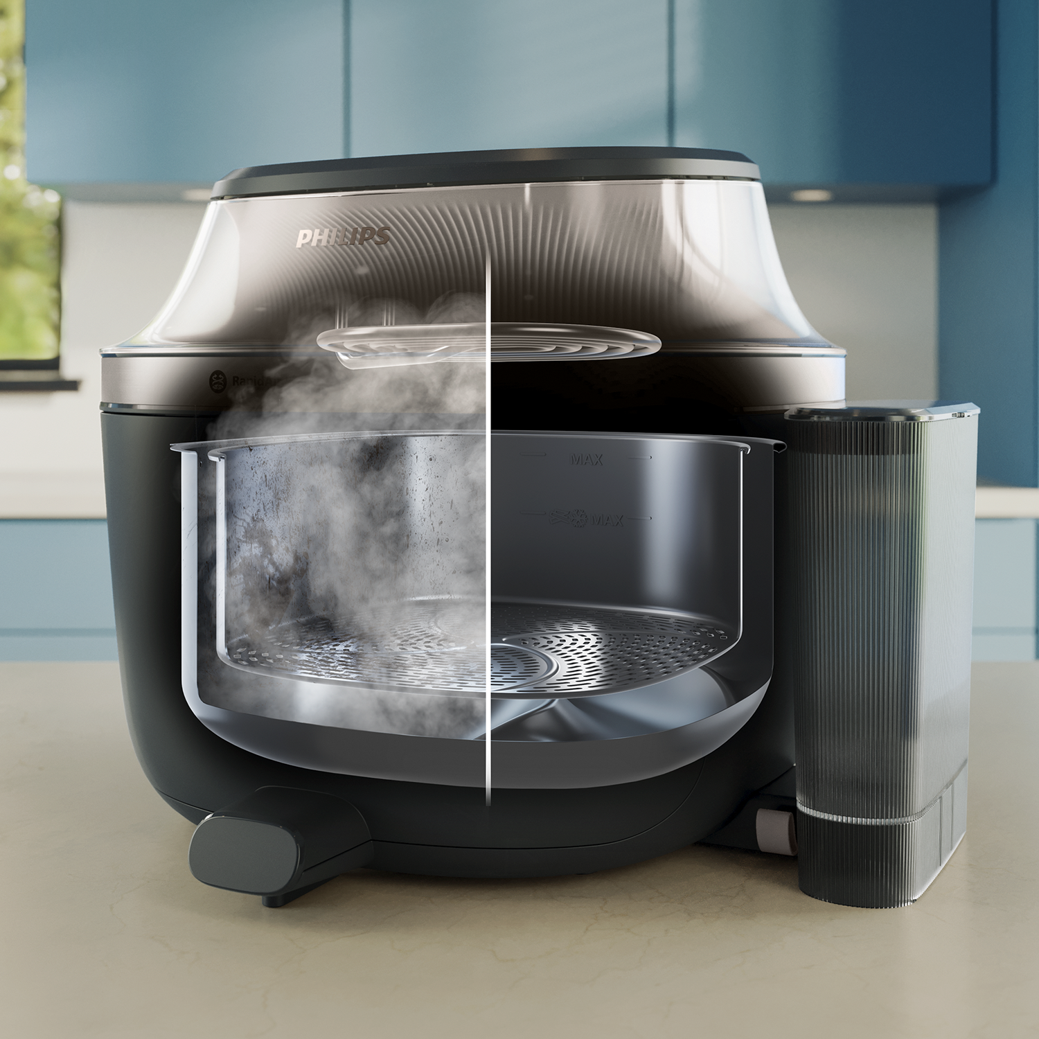 Coupe du cuiseur Philips montrant des aliments fumants à l'intérieur et une casserole vide avec réservoir.