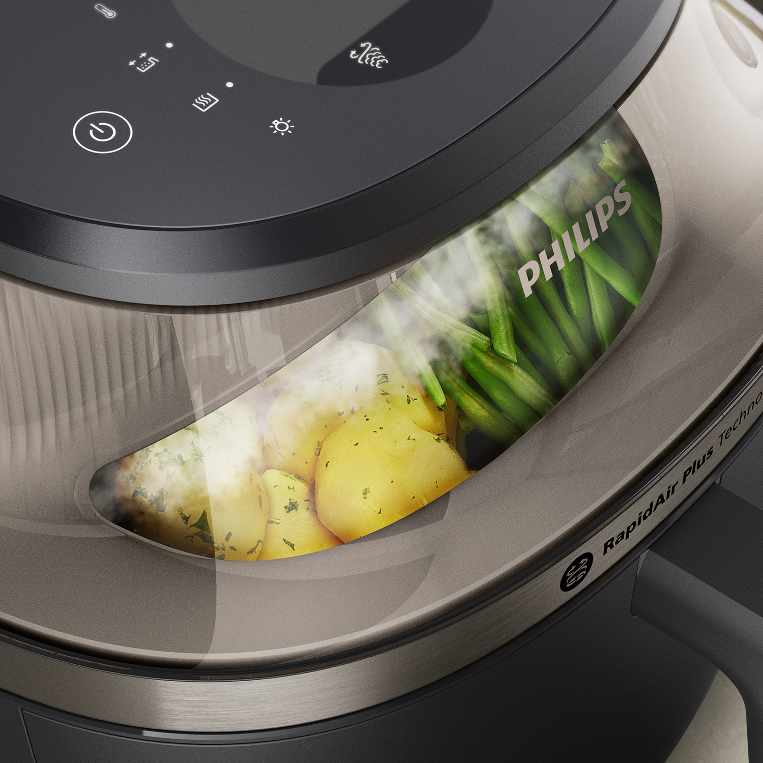Une friteuse à air avec pommes de terre et haricots verts, logo Philips.