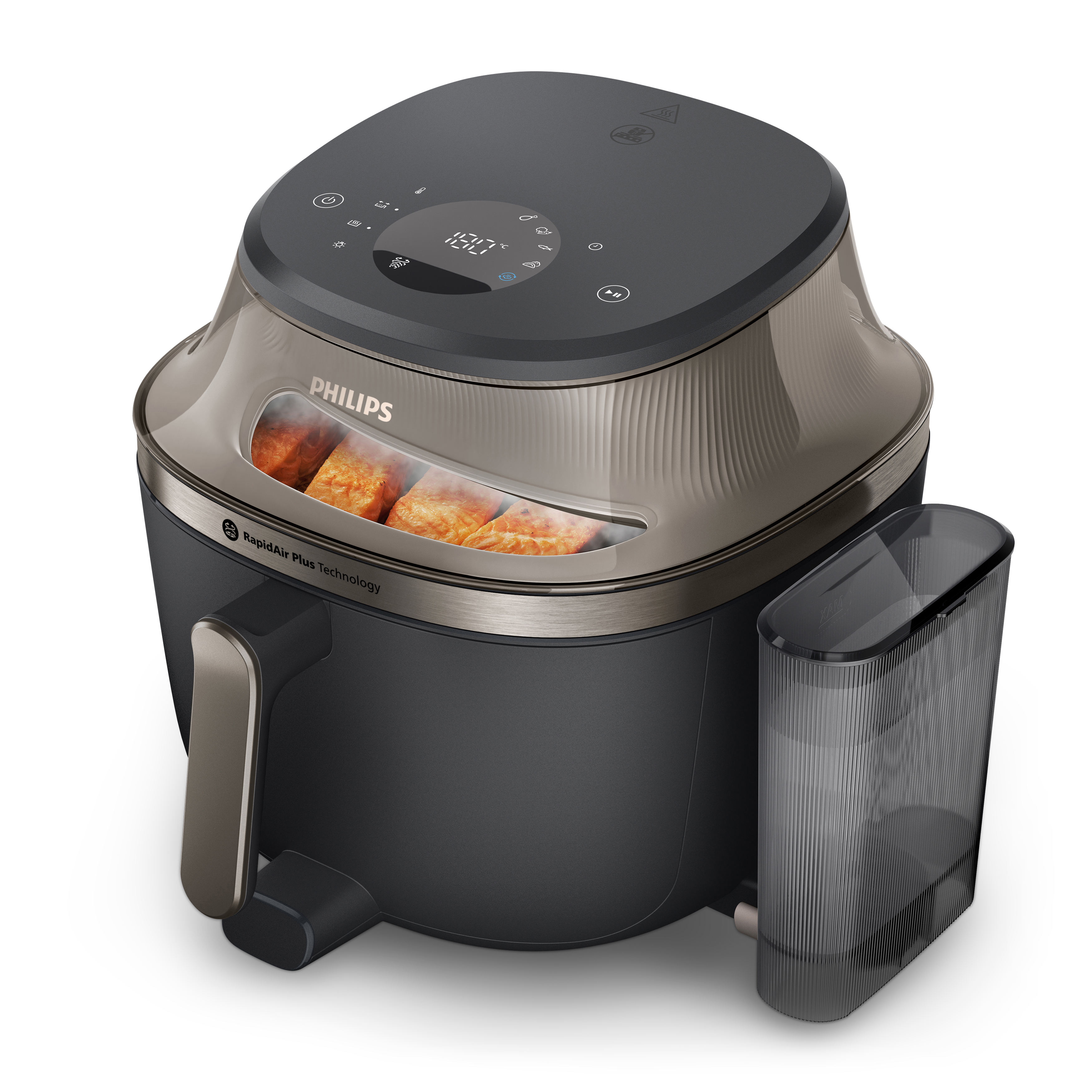 Une friteuse à air Philips avec du saumon en train de cuire à l'intérieur, fond blanc.