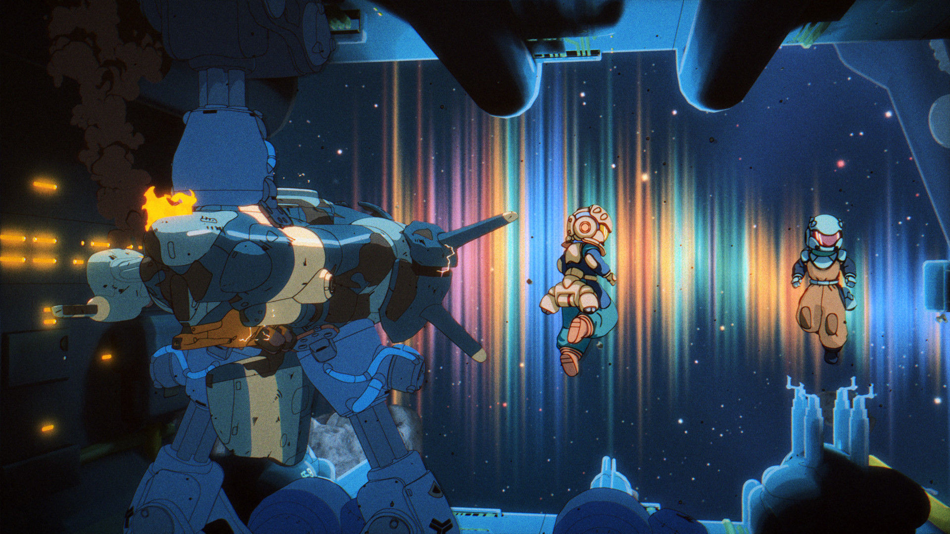 Ein riesiger blauer Mech feuert, während zwei Astronauten im Weltraum schweben.