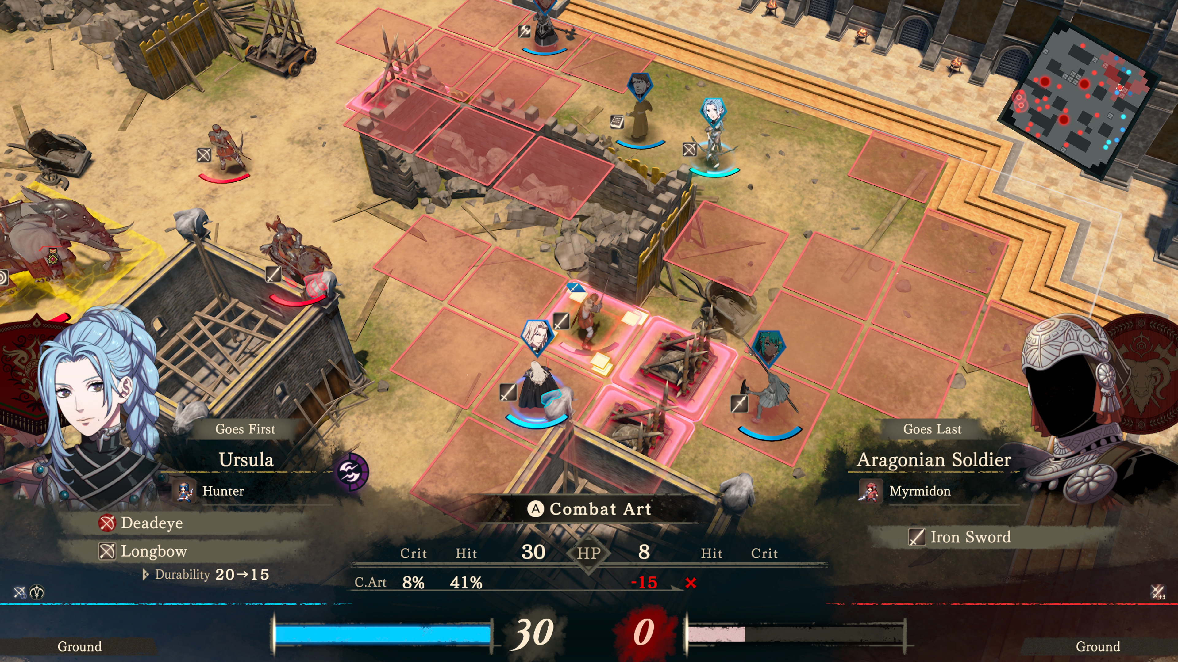 Strategisches rundenbasiertes Kampfspiel mit Charakterporträts und einer Minikarte.