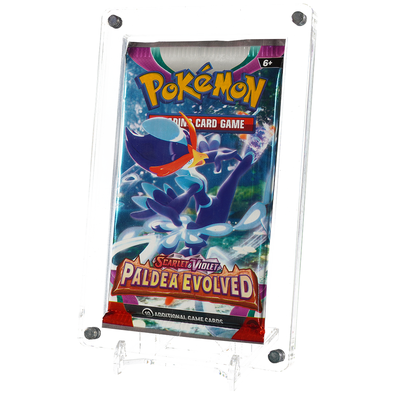 Een Pokémon Trading Card Game-pakket met de titel Paldea Evolved, tentoongesteld in een doorzichtige standaard.