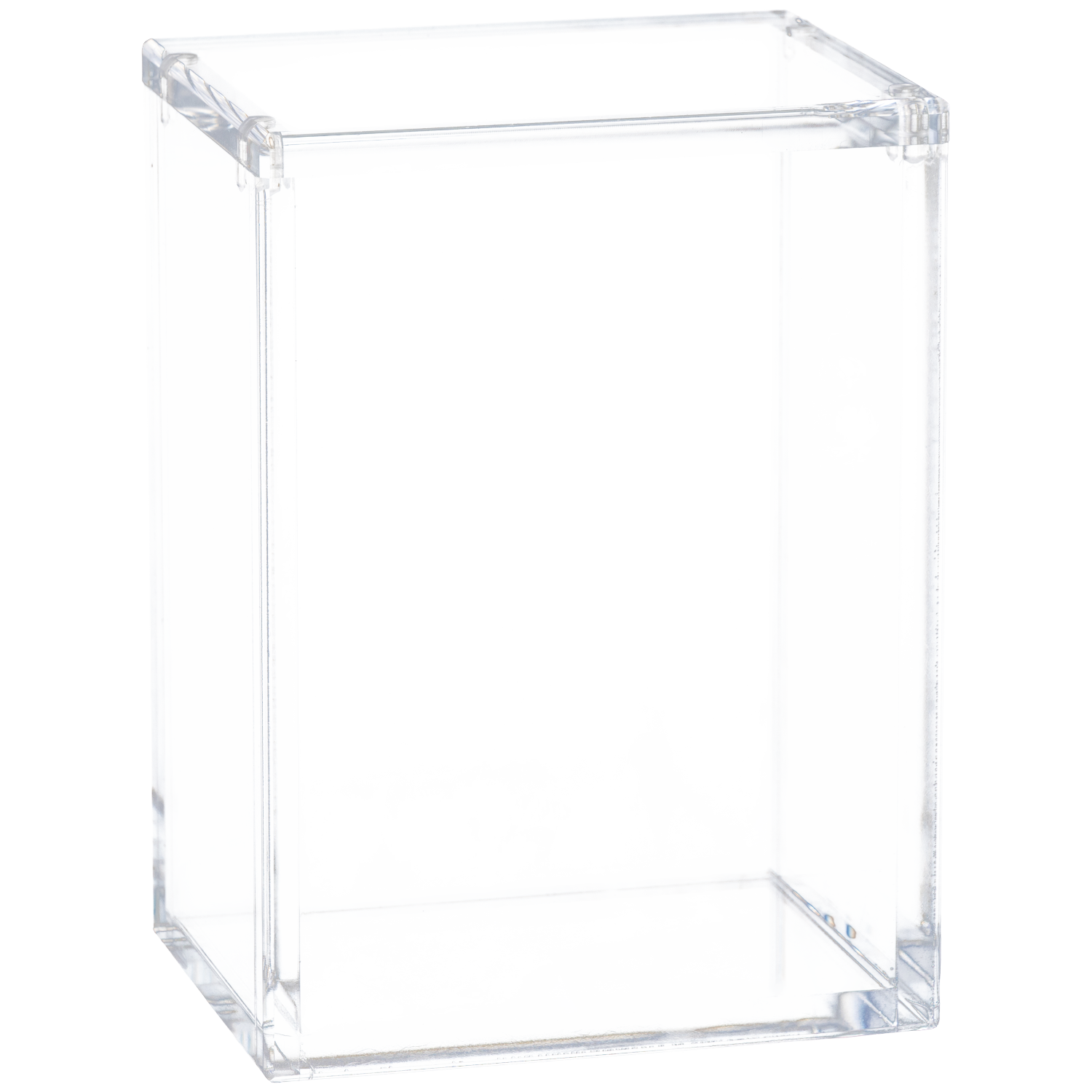 Een doorzichtige, rechthoekige acrylcontainer met metalen versteviging aan de hoeken.
