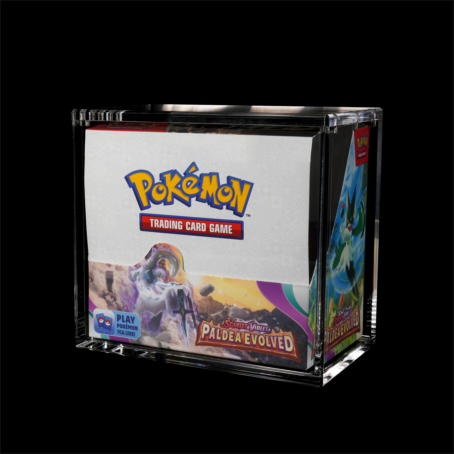 Pokémon ruilkaartspeldoos in doorzichtige acryl display case. Scarlet & Violet Paldea Evolved thema.