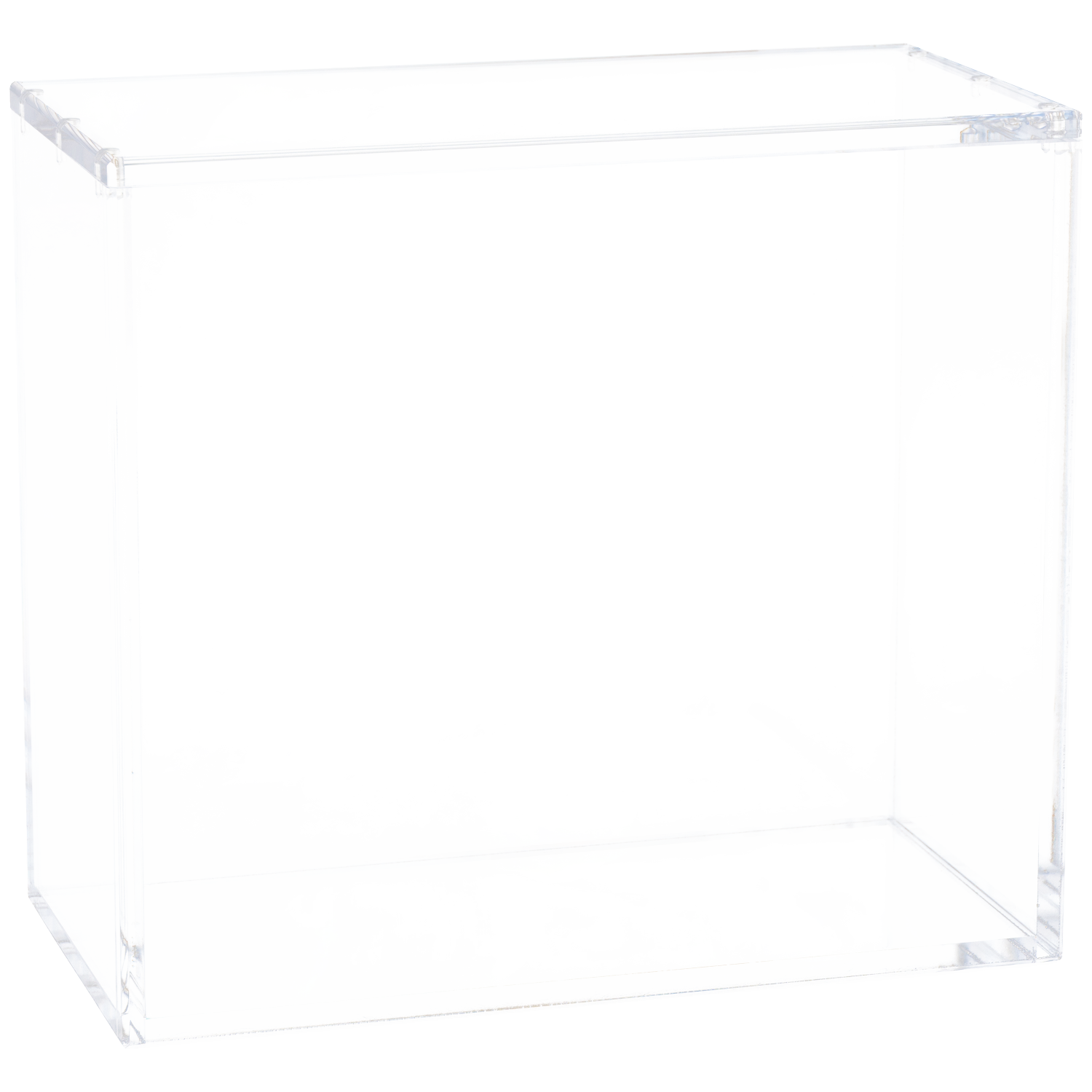Een doorzichtige acrylbox met zilveren hoeken op een zwarte achtergrond.