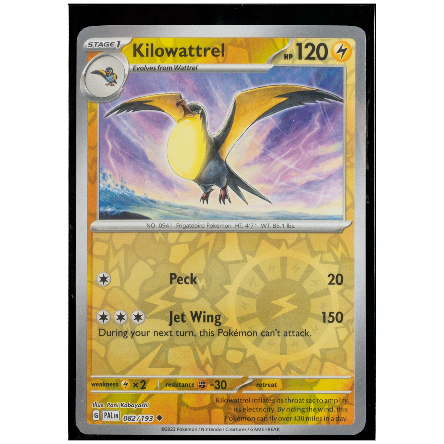Pokémonkaart: Kilowattrel, Fase 1, 120 HP, met vaardigheden Pik en Jet Vleugel.