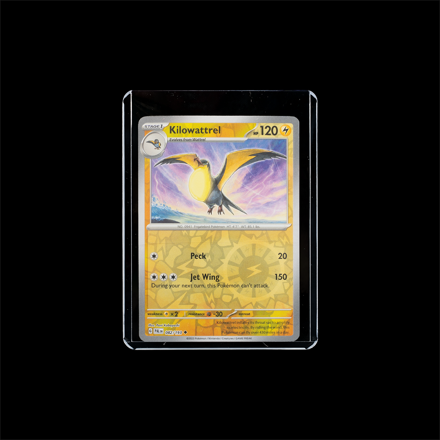 Pokémon kaart: Kilowattrel, Fase 1, HP 120, aanvallen Pik en Jet Wing.