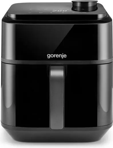 Fekete Gorenje légkeveréses fritő digitalis kijelzővel és fogantyúval.