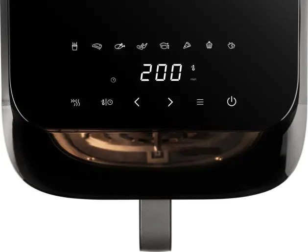 Fekete légkeveréses fritő digitális kijelzővel, 200°C-ot mutat.