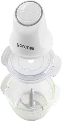 Egy fehér Gorenje elektromos aprítógép üveg edénnyel és pengékkel.
