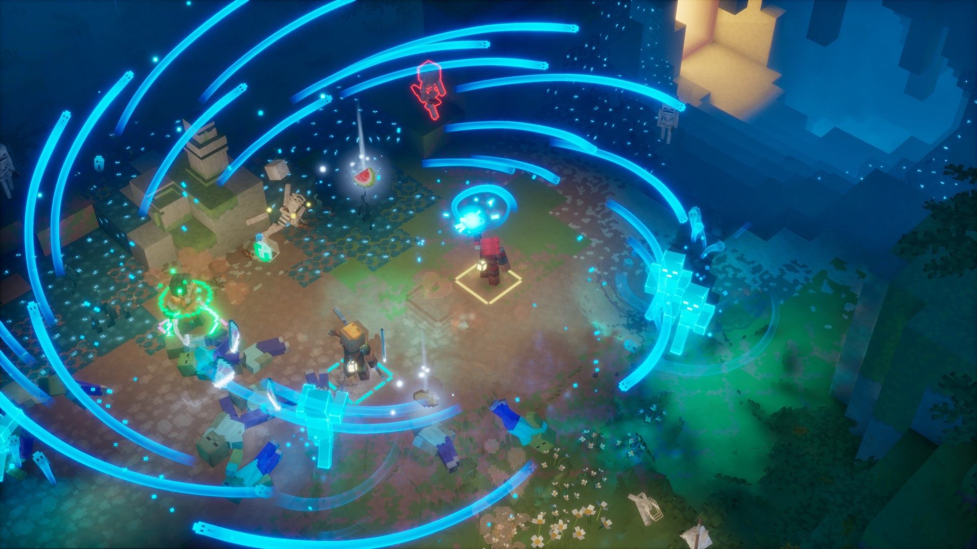 Ein Spielercharakter mit roter Kleidung kämpft gegen Geister und Zombies in einer pixeligen Welt.