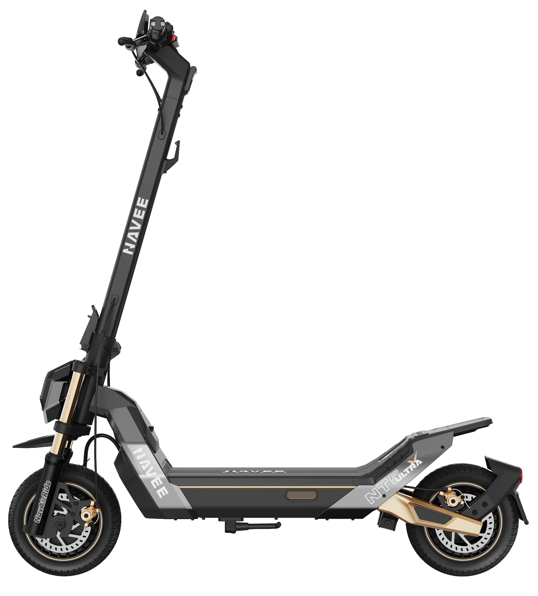 Egy szürke Navee elektromos roller arany díszítéssel és fekete kerekekkel.