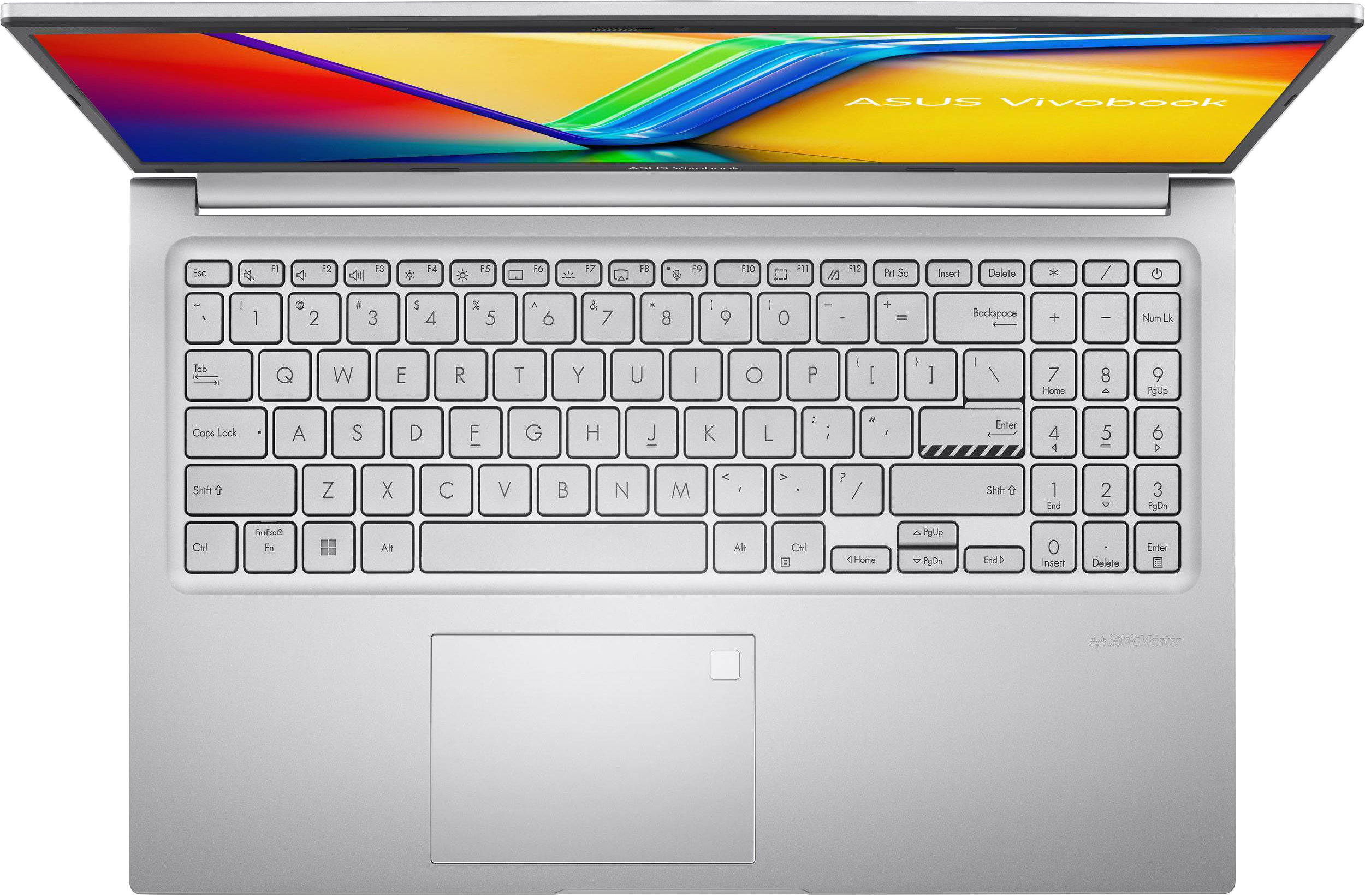 Egy ezüst ASUS Vivobook laptop nyitott, színes képernyővel és billentyűzettel.