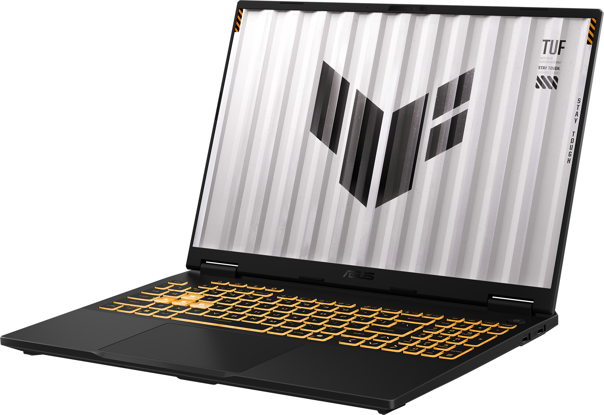 Egy nyitott fekete laptop, világító billentyűzettel és TUF logóval a képernyőn.