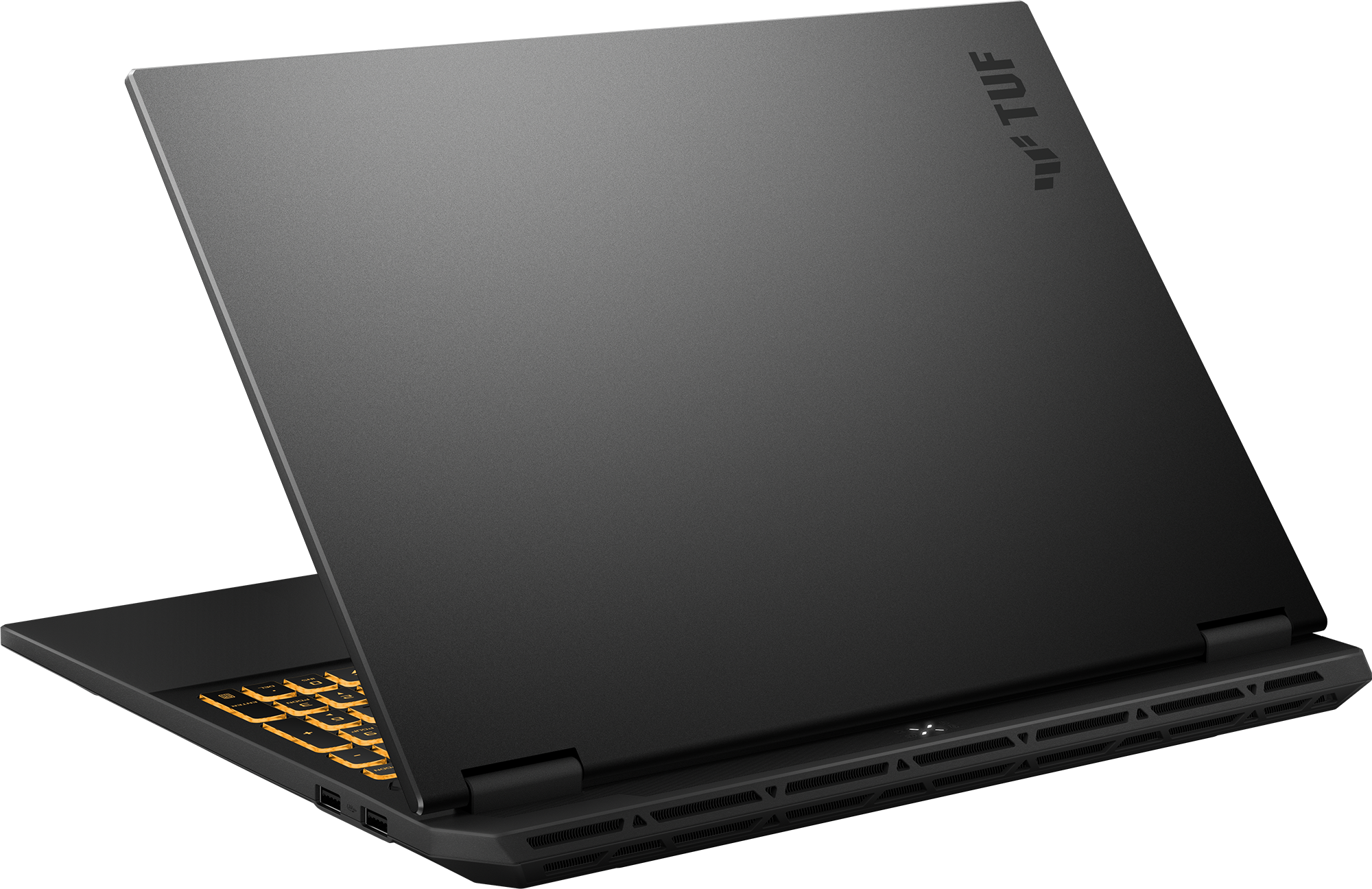 Egy zárt fekete laptop világító sárga billentyűzettel.