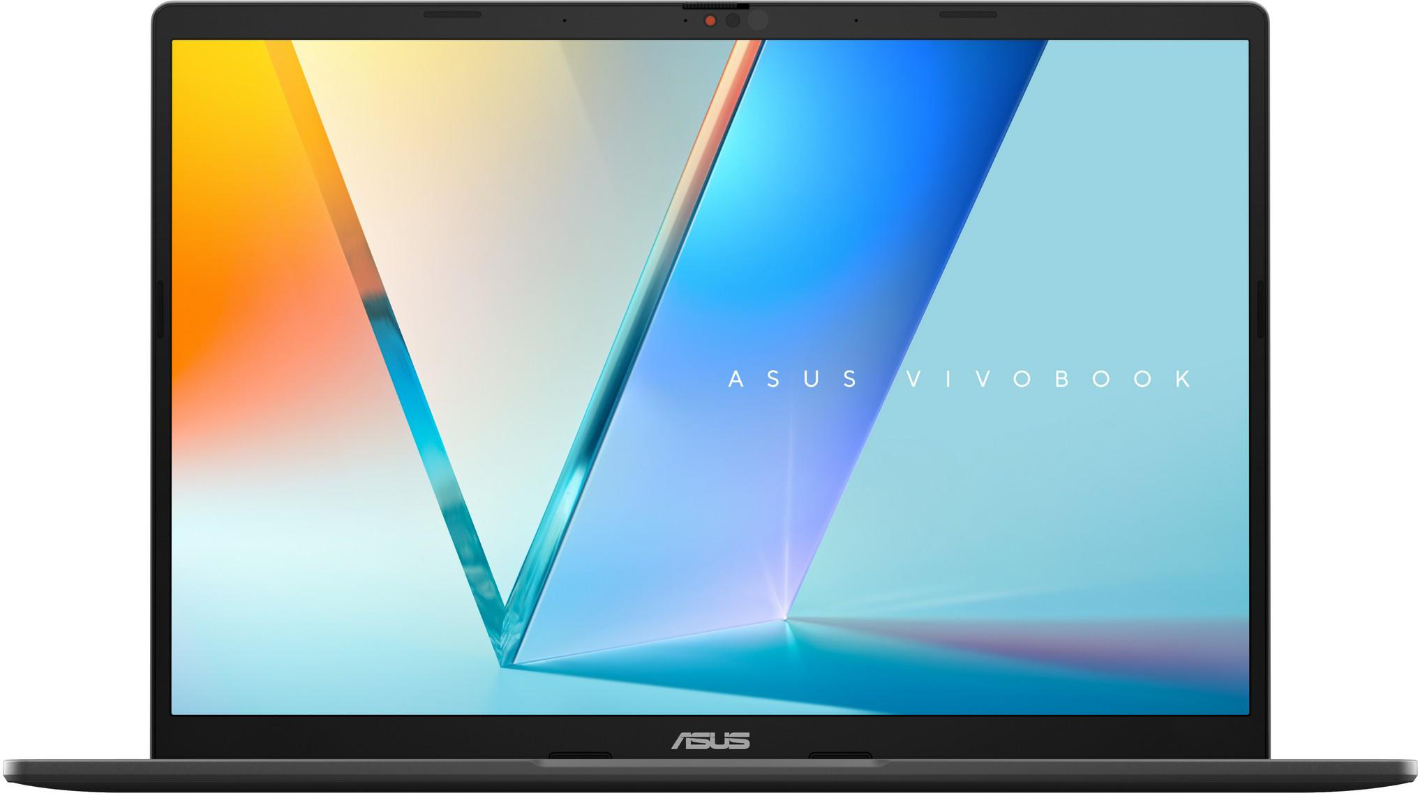 Egy fekete Asus Vivobook laptop színes háttérképpel.