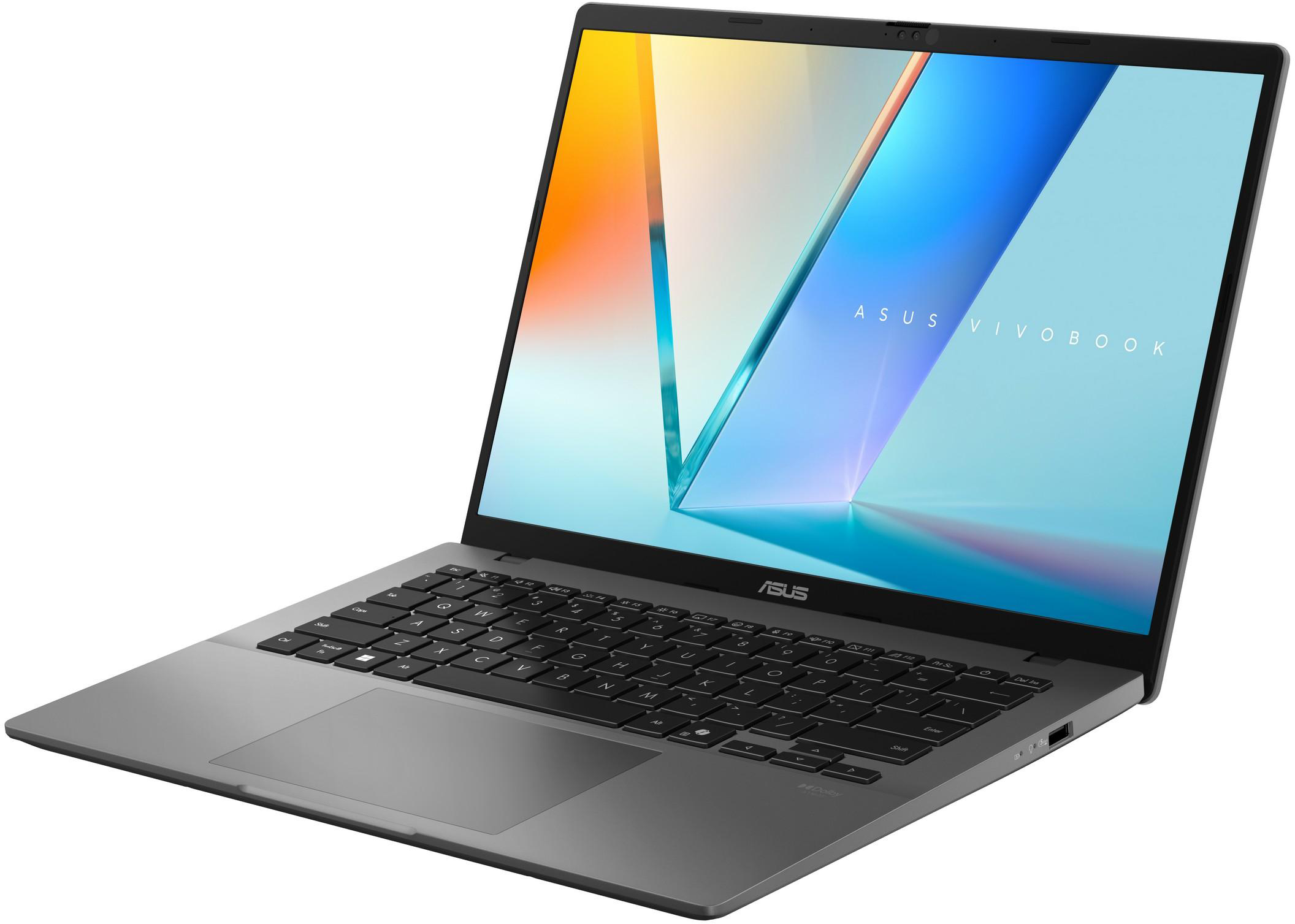 Szürke ASUS Vivobook laptop háttérvilágított billentyűzettel és fényes képernyővel.